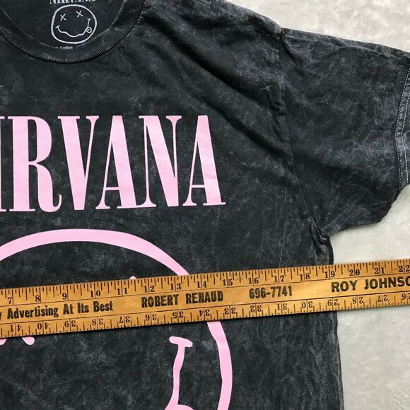 NEW Nirvana Pink Med Logo Smiley Graphic Acid Wash Grunge Tee T - Shirt - Picture 7 of 8